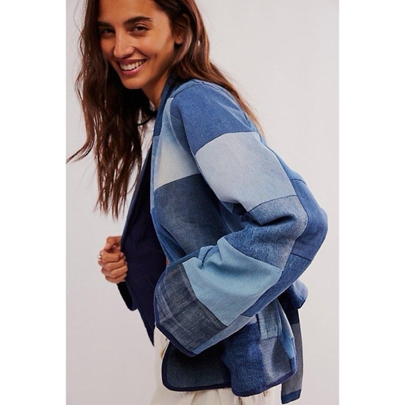 NWT Sissel Edelbo Free People Neo Leftover Patchwork Denim Jean Jacket Blue - Picture 13 of 17